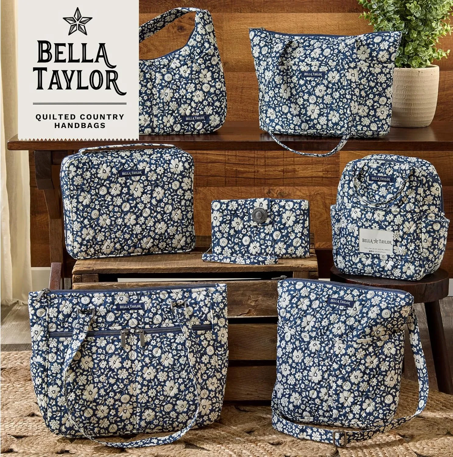 Bella Taylor Quilted Cotton Lunch Tote for Women | Foodsafe with Easy Clean PEVA Liner | Bicolor Floral Navy