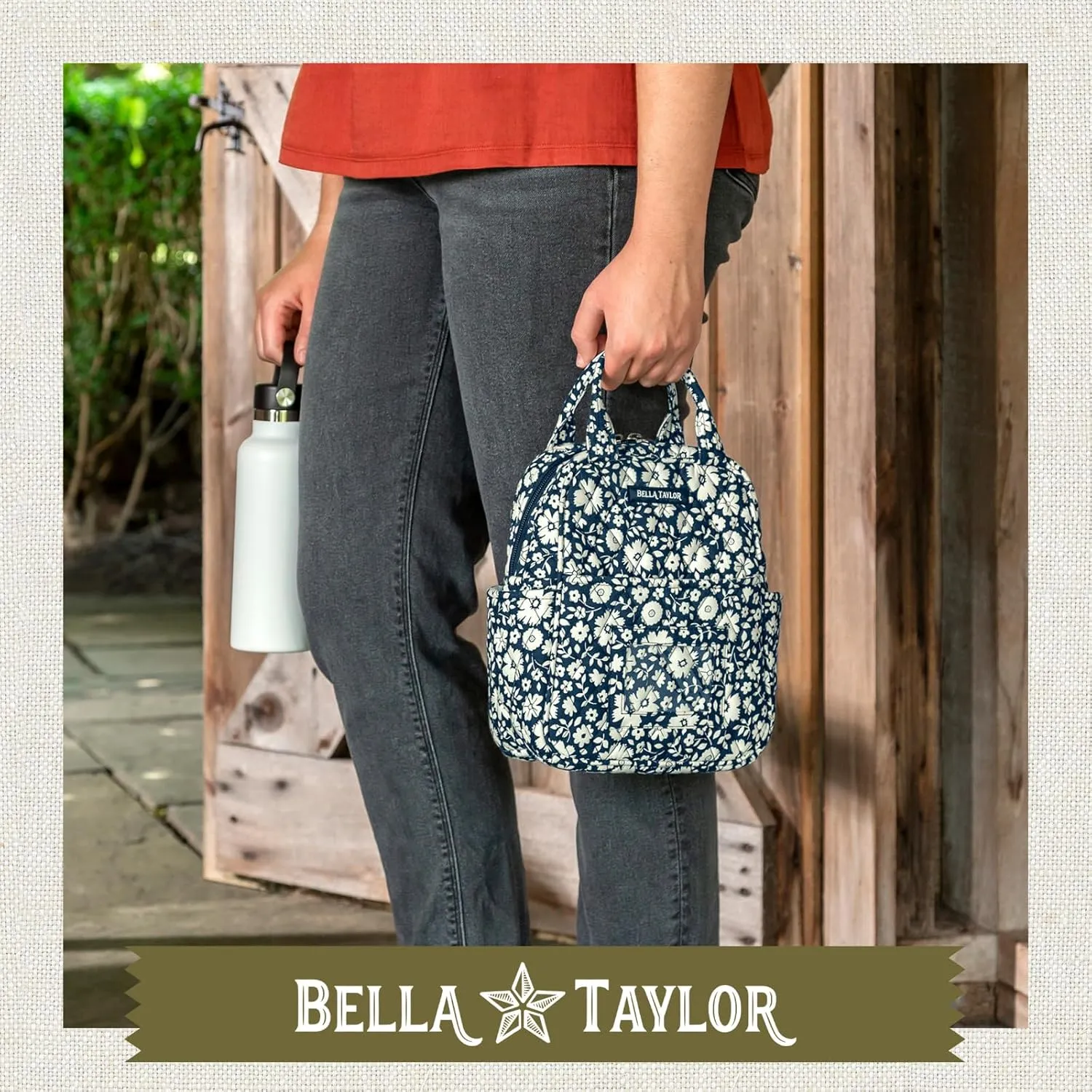 Bella Taylor Quilted Cotton Lunch Tote for Women | Foodsafe with Easy Clean PEVA Liner | Bicolor Floral Navy