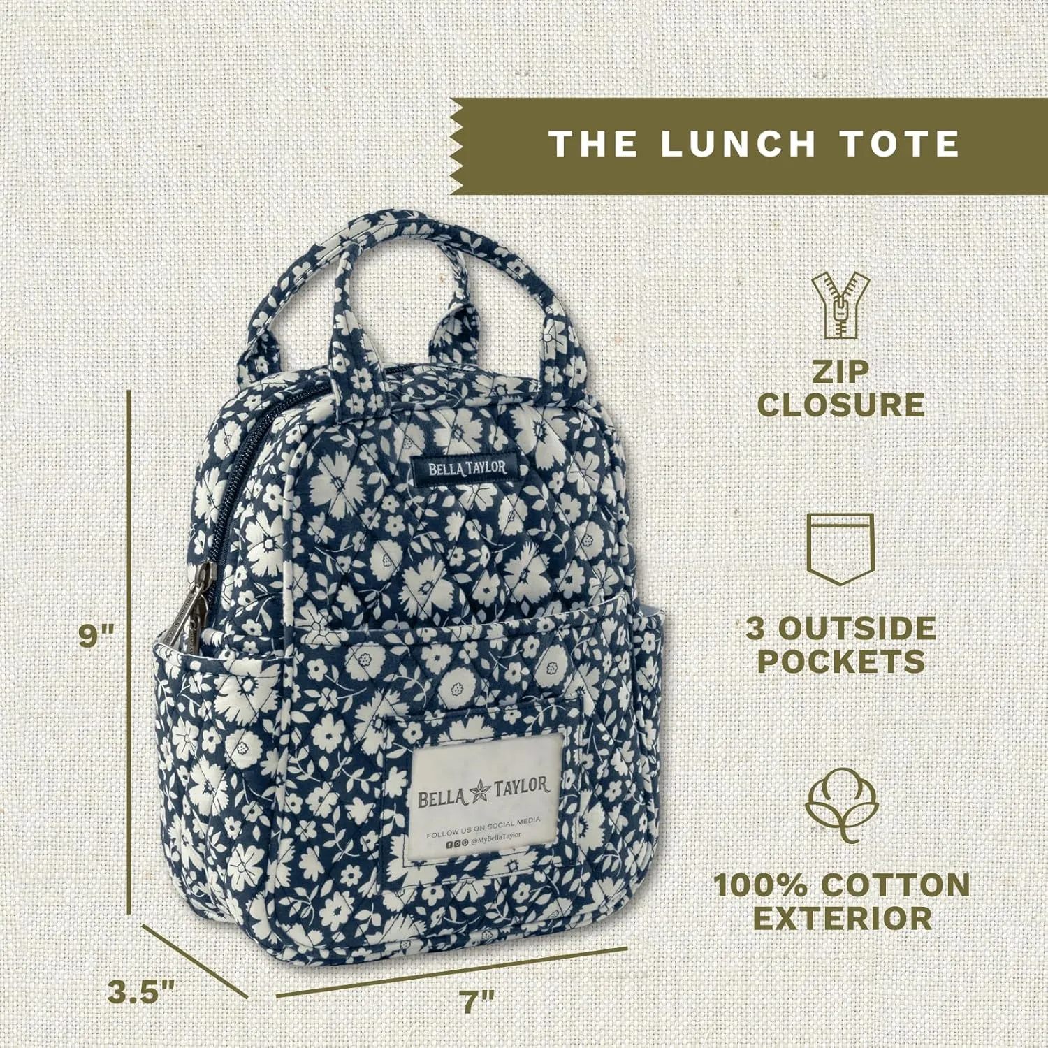 Bella Taylor Quilted Cotton Lunch Tote for Women | Foodsafe with Easy Clean PEVA Liner | Bicolor Floral Navy