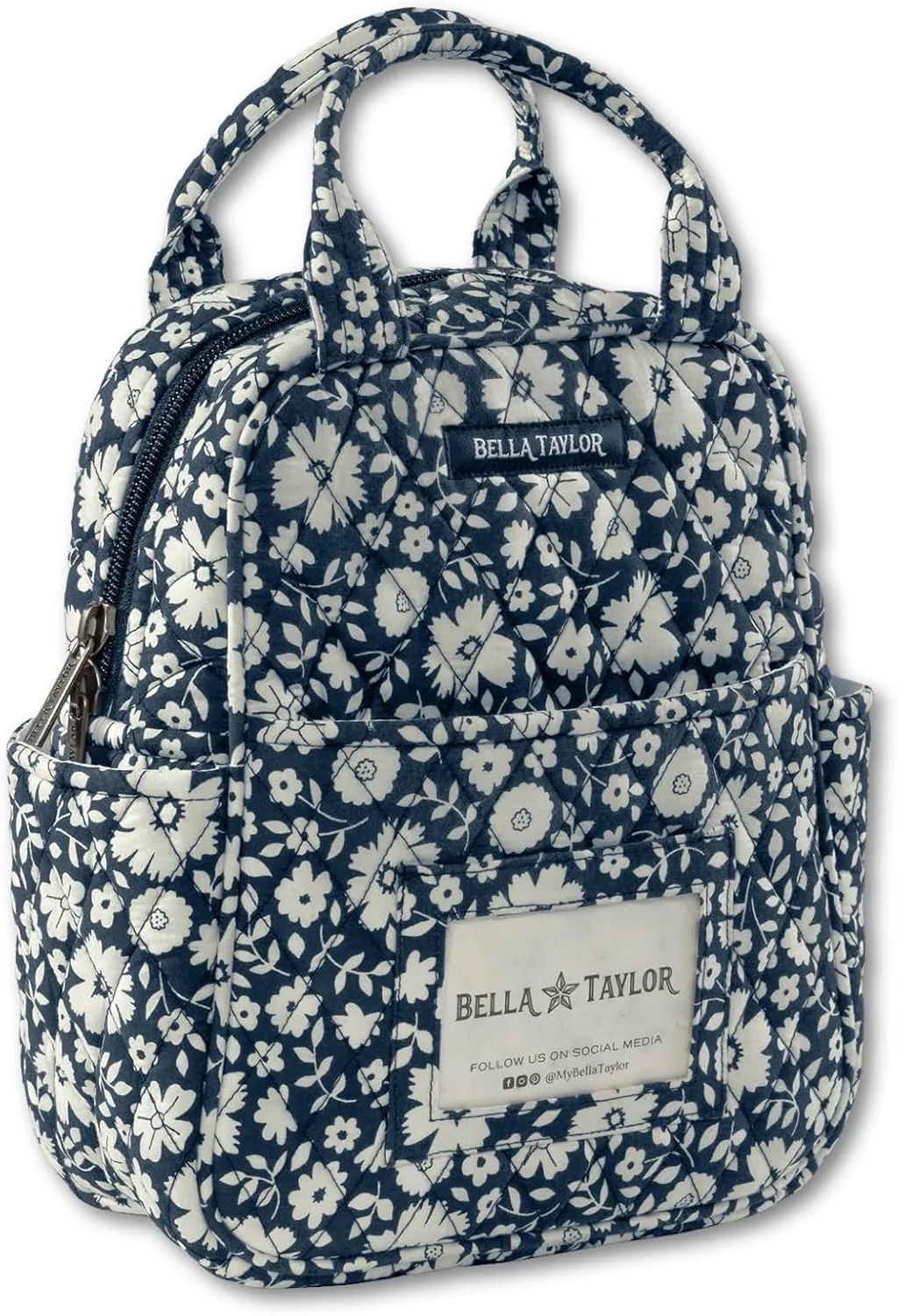Bella Taylor Quilted Cotton Lunch Tote for Women | Foodsafe with Easy Clean PEVA Liner | Bicolor Floral Navy