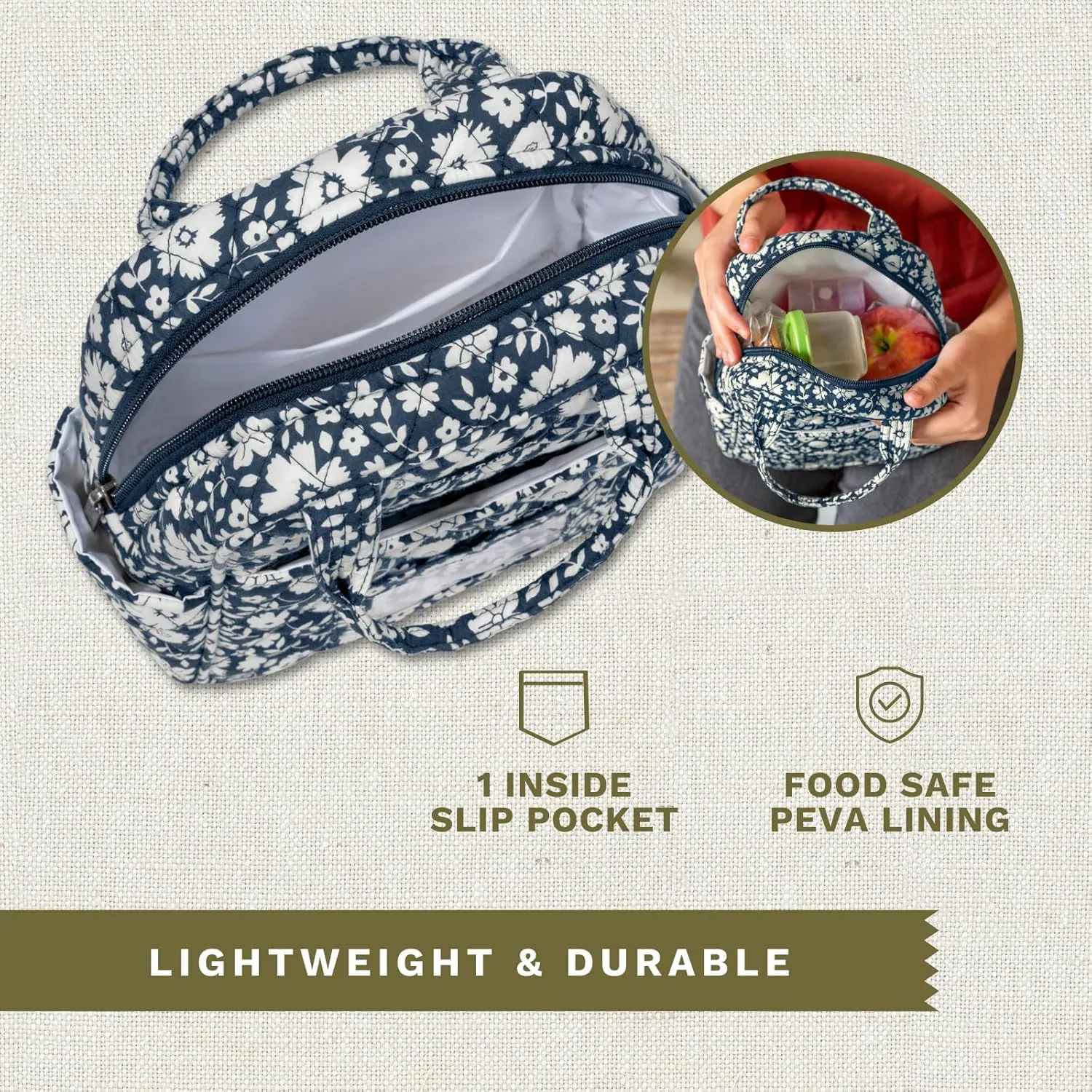 Bella Taylor Quilted Cotton Lunch Tote for Women | Foodsafe with Easy Clean PEVA Liner | Bicolor Floral Navy