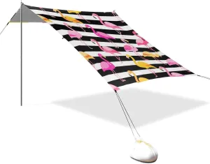 Black and White Striped Flamingo Designed UPF50 Foldable Beach Canopy Water-Resistant Portable Sun Shelter with Sandbags, Sand Shovel, Poles for Backyard and Camping casita de Playa para