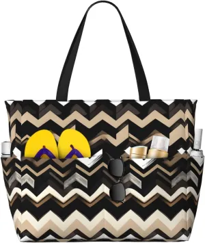 Black White Tan Zigzag Print Unisex Large Capacity Beach Travel Bag Vacation Picnic Sport Tote Portable Gym Bag