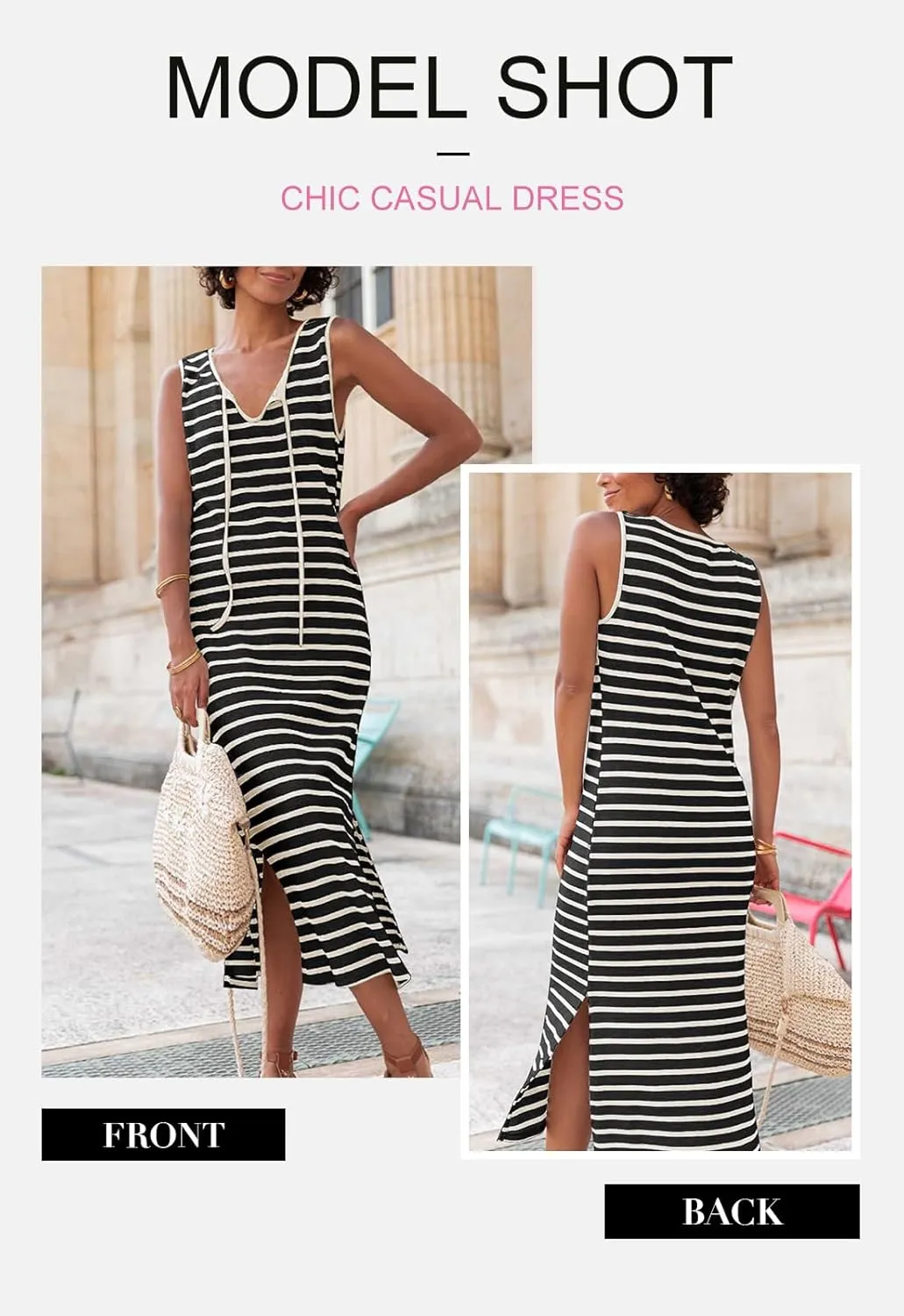BLENCOT Womens 2025 Spring Summer V Neck Striped Dress Sleeveless String Side Slit Casual Maxi Beach Dress