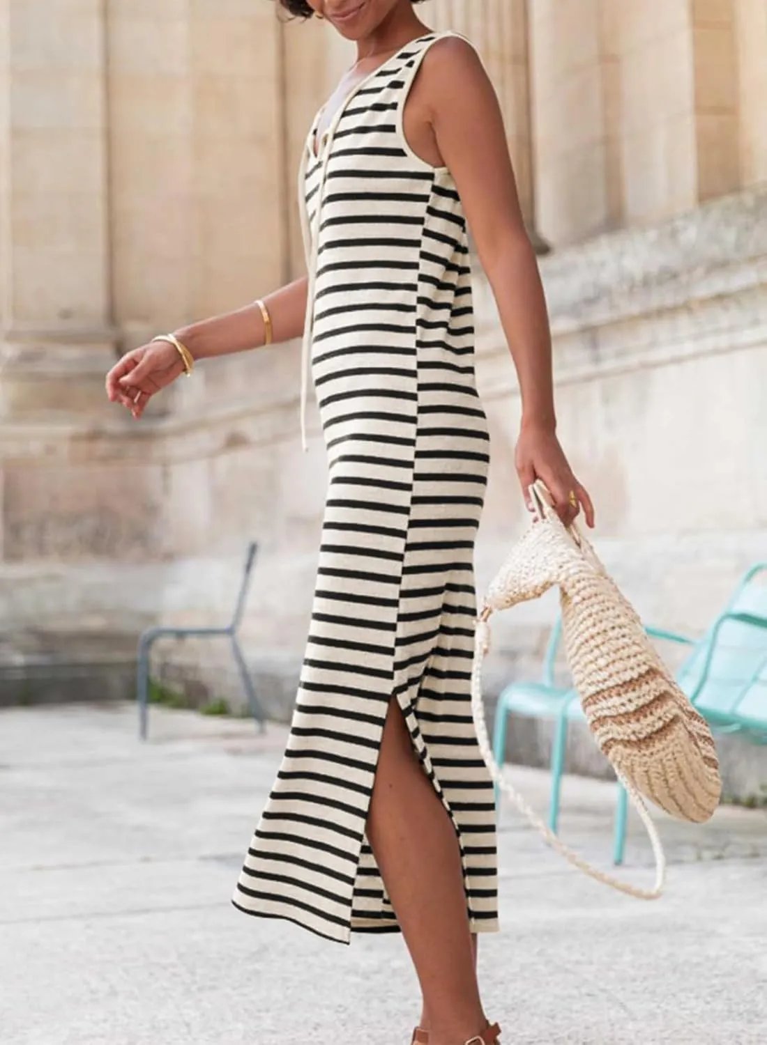 BLENCOT Womens 2025 Spring Summer V Neck Striped Dress Sleeveless String Side Slit Casual Maxi Beach Dress