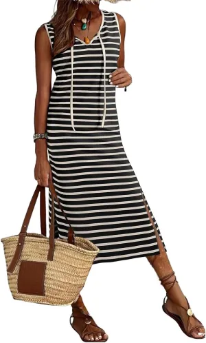 BLENCOT Womens 2025 Spring Summer V Neck Striped Dress Sleeveless String Side Slit Casual Maxi Beach Dress