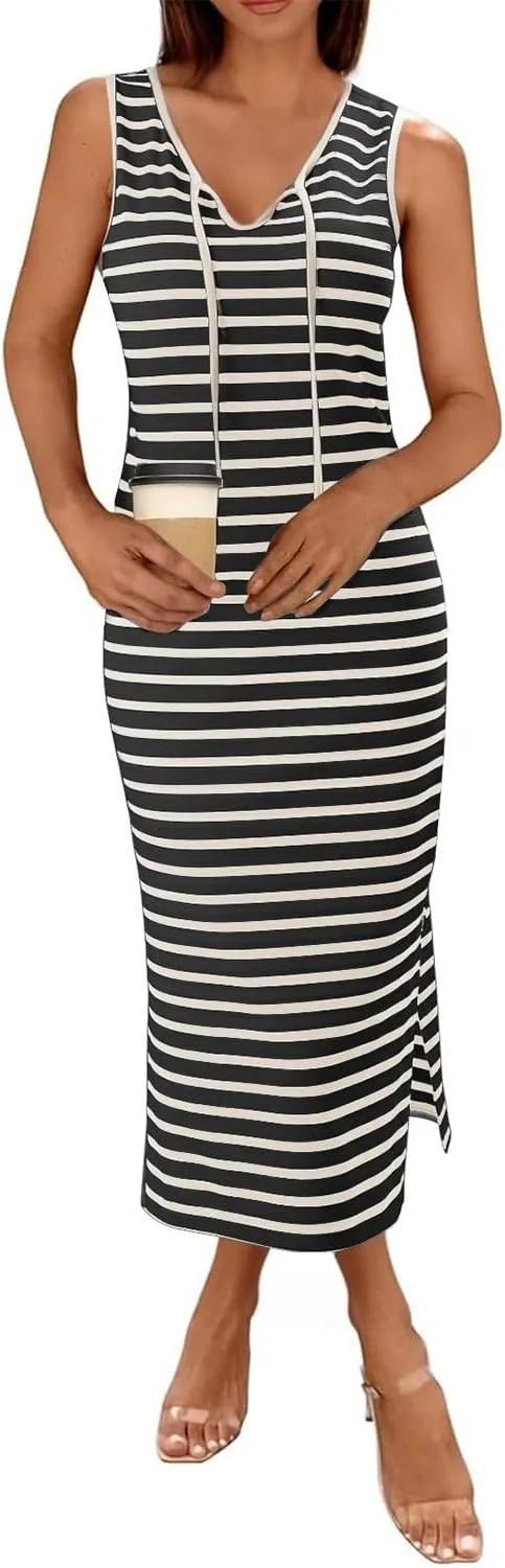BLENCOT Womens 2025 Spring Summer V Neck Striped Dress Sleeveless String Side Slit Casual Maxi Beach Dress
