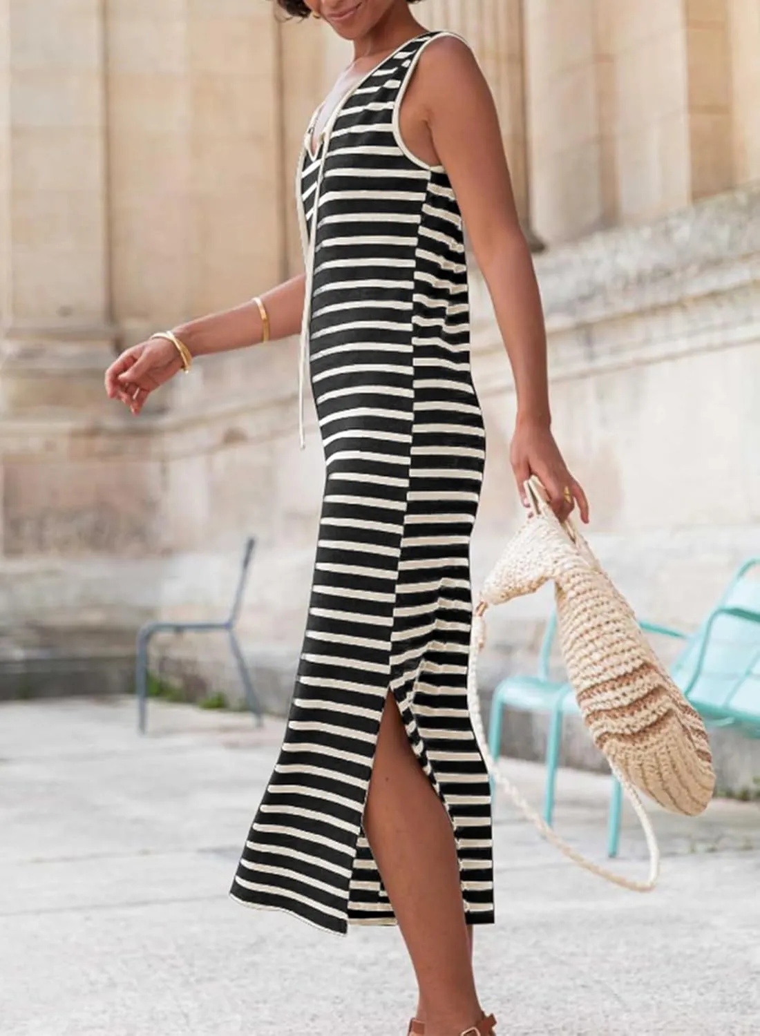 BLENCOT Womens 2025 Spring Summer V Neck Striped Dress Sleeveless String Side Slit Casual Maxi Beach Dress