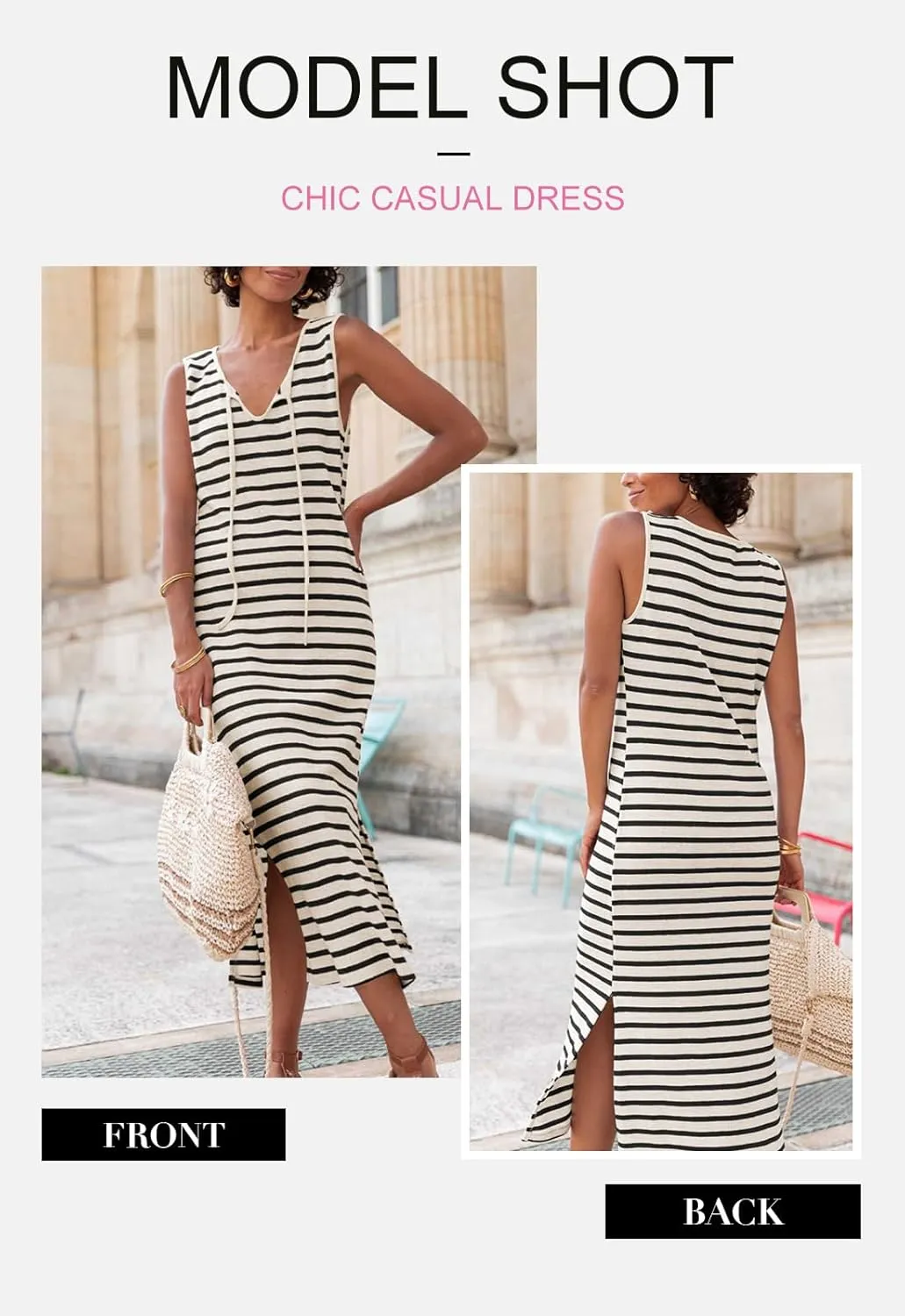 BLENCOT Womens 2025 Spring Summer V Neck Striped Dress Sleeveless String Side Slit Casual Maxi Beach Dress