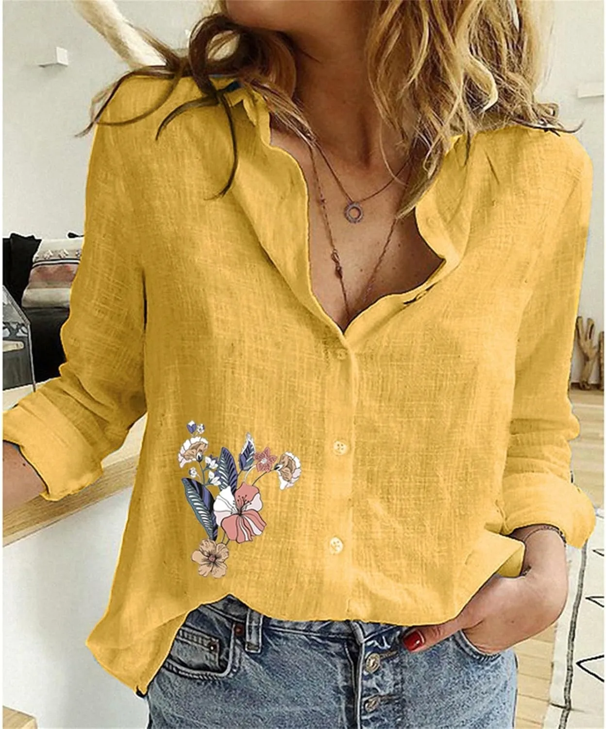 Blouses Button Shirts V Neck Casual Long Sleeve Loose Shirt Tops Tops for Women Button Up Shirt Women Blouses Button