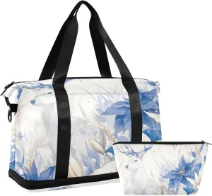 Blue and White Christmas Elk Luggage Travel Bag Overnight Bag with Adjustable Strap for Yoga Multifunctional