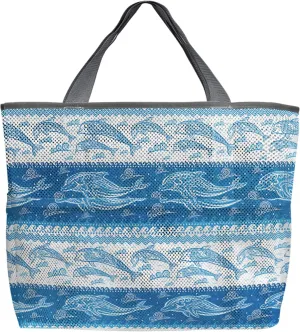 Blue Dolphin Beach Tote Bag for Women, Summer Beach Coastal Sea Wave Nautical Mesh Beach Bags Waterproof Sandproof, Outdoor Picnic Swim Pool Handbag - Large Beach Bag with Zipper and Pockets