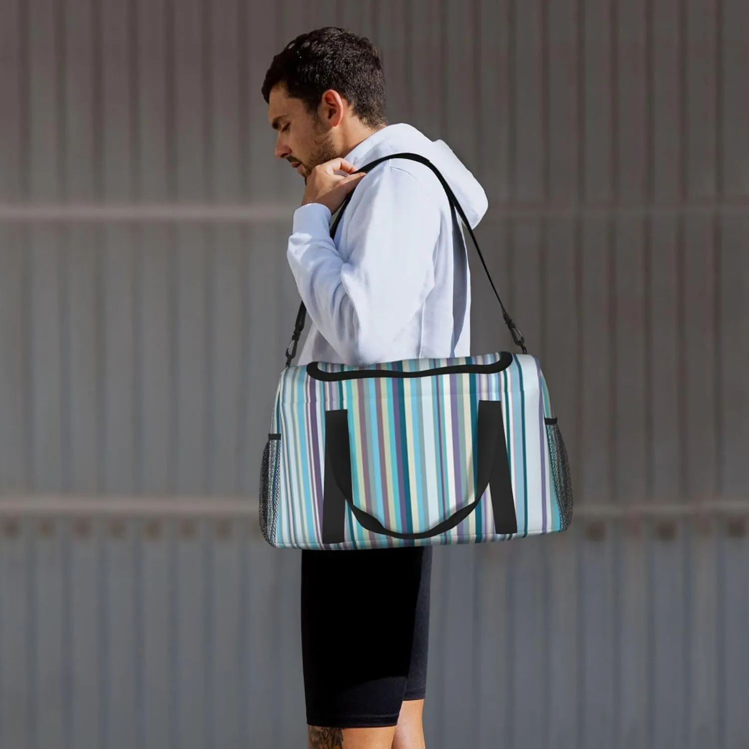 Blue, White And Yellow Lines Travel Duffel Bag Large Foldable Waterproof Overnight Bag For Beach Swim Bags Pool Sports Gym