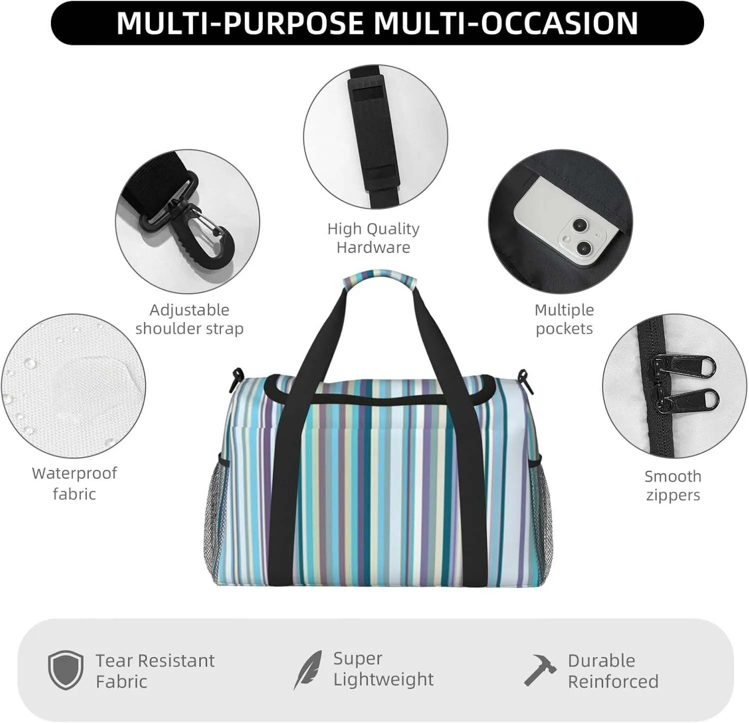 Blue, White And Yellow Lines Travel Duffel Bag Large Foldable Waterproof Overnight Bag For Beach Swim Bags Pool Sports Gym
