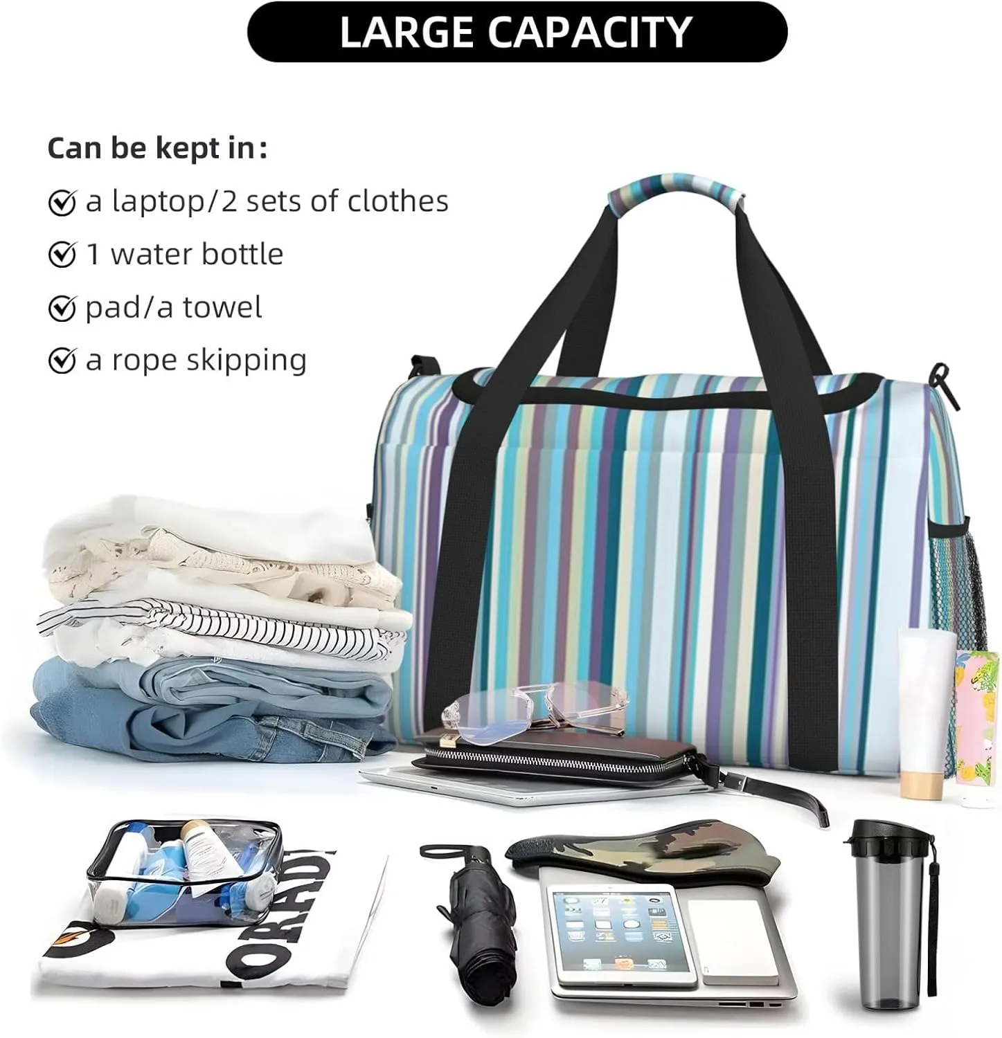 Blue, White And Yellow Lines Travel Duffel Bag Large Foldable Waterproof Overnight Bag For Beach Swim Bags Pool Sports Gym
