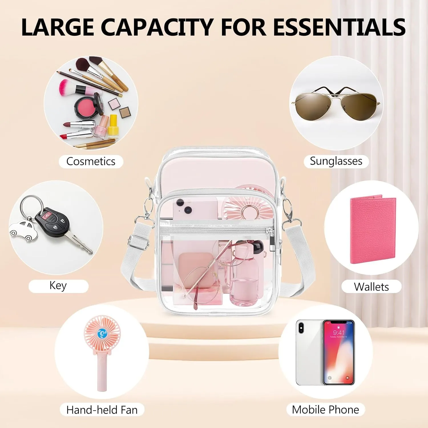 Blvornl Clear Crossbody Bag with Adjustable Shoulder Strap, Stadium Approved PVC Clear Purse Bag, Clear Messenger Bag