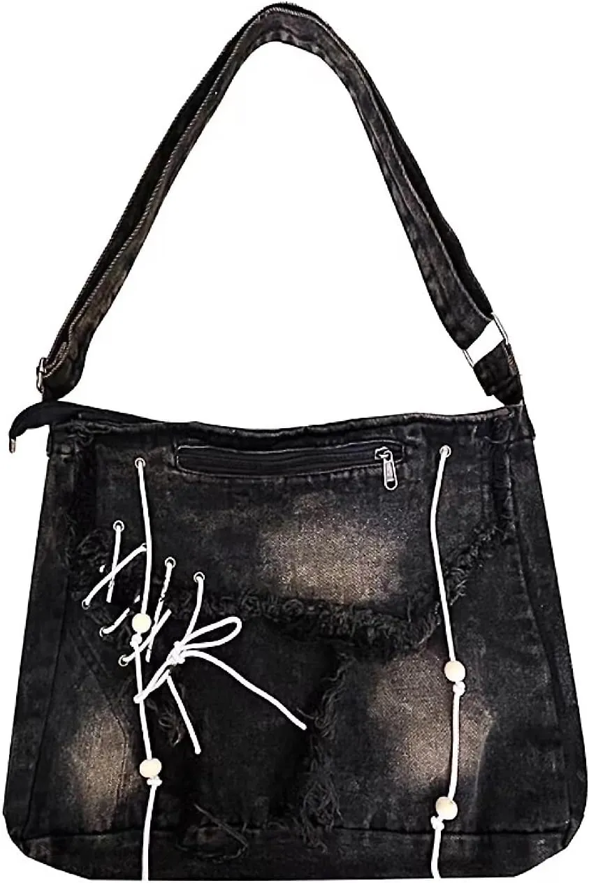 Boho Denim Messenger Bag Classic Crossbody Bag Vintage Canvas Shoulder Bag Large Purse with Upgraded Features for School