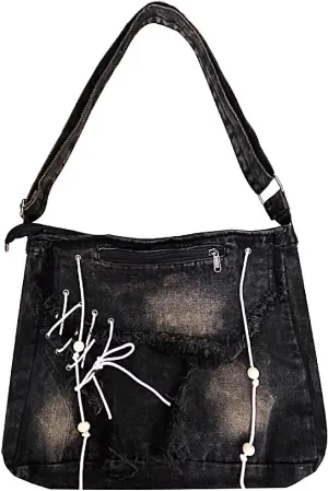 Boho Denim Messenger Bag Classic Crossbody Bag Vintage Canvas Shoulder Bag Large Purse with Upgraded Features for School