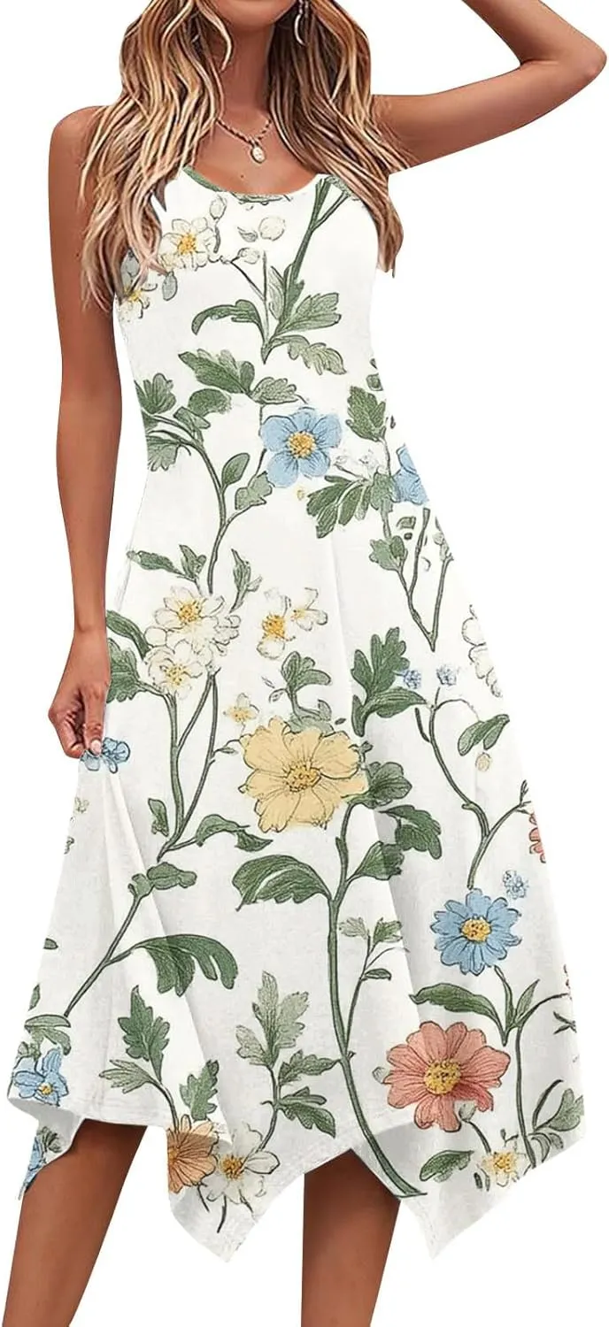 Boho Dresses for Women 2025 Summer Floral Print Flowy Sundress Casual Sleeveless Swing Beach Midi Tank Dress