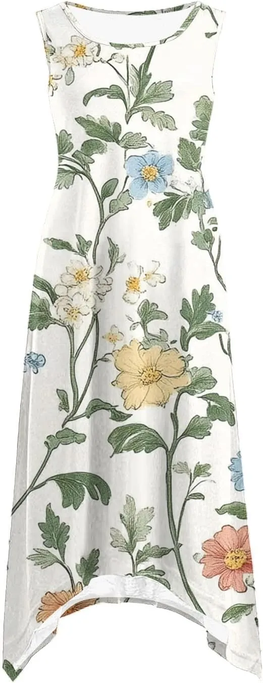 Boho Dresses for Women 2025 Summer Floral Print Flowy Sundress Casual Sleeveless Swing Beach Midi Tank Dress