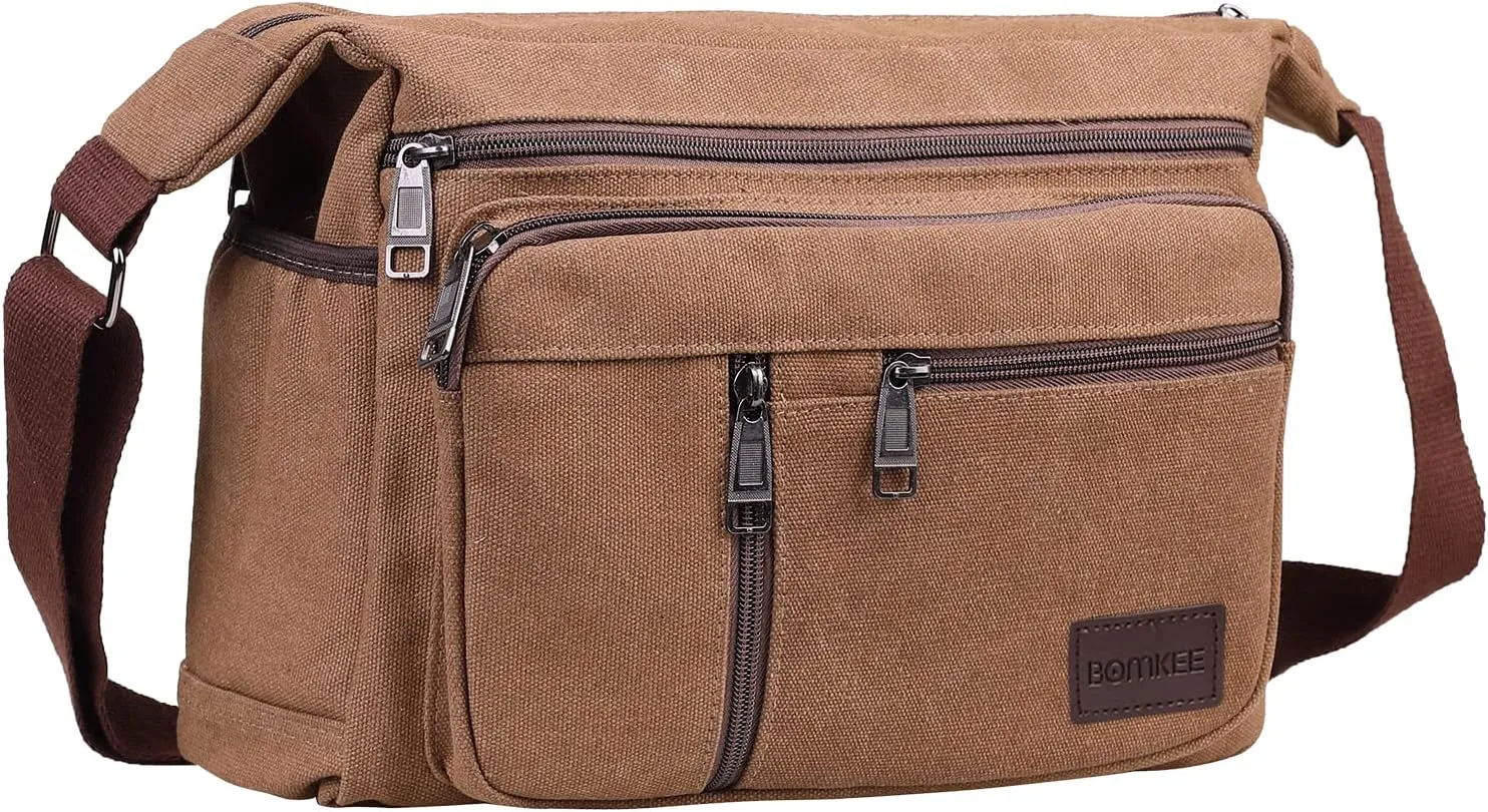 BOMKEE Canvas Messenger Bag for Men, Travel Satchel Crossbody Bag Vintage Shoulder Sling Working Bag with Water Bottle Holder