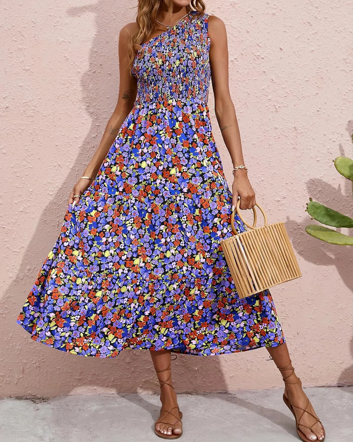 BTFBM 2025 Summer One Shoulder Dresses for Women Casual Sleeveless High Waist Floral Flowy Smocked Boho Beach Maxi Dress