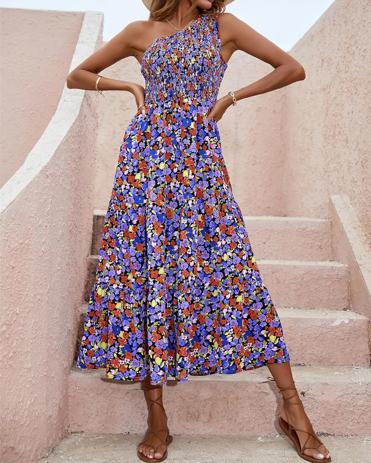 BTFBM 2025 Summer One Shoulder Dresses for Women Casual Sleeveless High Waist Floral Flowy Smocked Boho Beach Maxi Dress