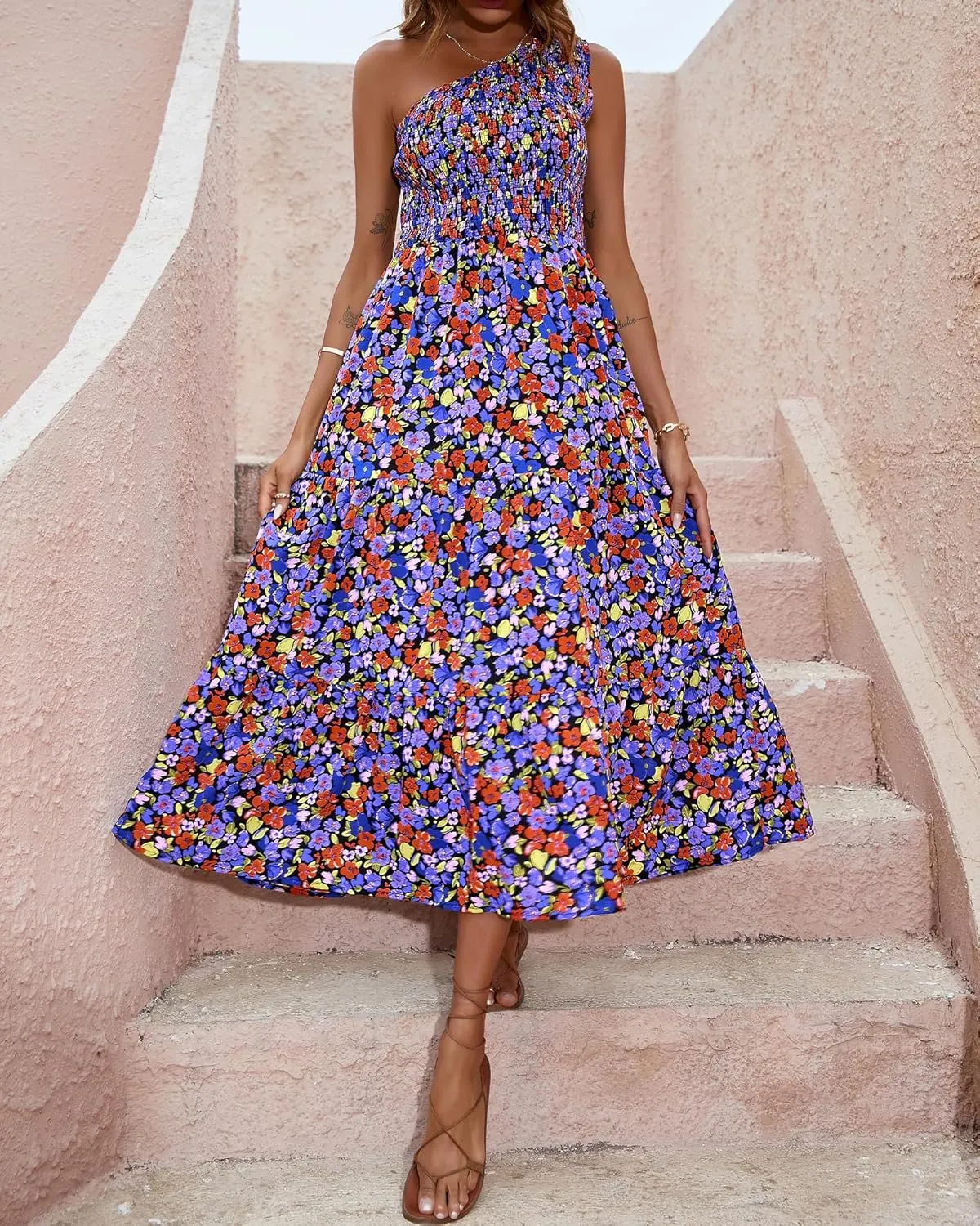 BTFBM 2025 Summer One Shoulder Dresses for Women Casual Sleeveless High Waist Floral Flowy Smocked Boho Beach Maxi Dress