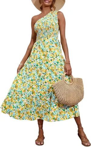 BTFBM 2025 Summer One Shoulder Dresses for Women Casual Sleeveless High Waist Floral Flowy Smocked Boho Beach Maxi Dress