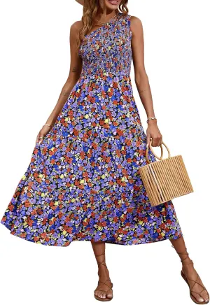 BTFBM 2025 Summer One Shoulder Dresses for Women Casual Sleeveless High Waist Floral Flowy Smocked Boho Beach Maxi Dress