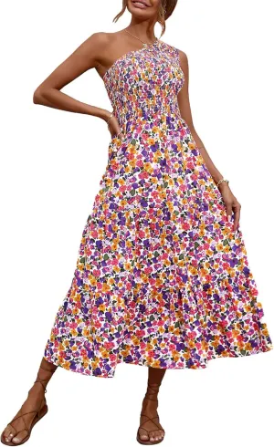 BTFBM 2025 Summer One Shoulder Dresses for Women Casual Sleeveless High Waist Floral Flowy Smocked Boho Beach Maxi Dress
