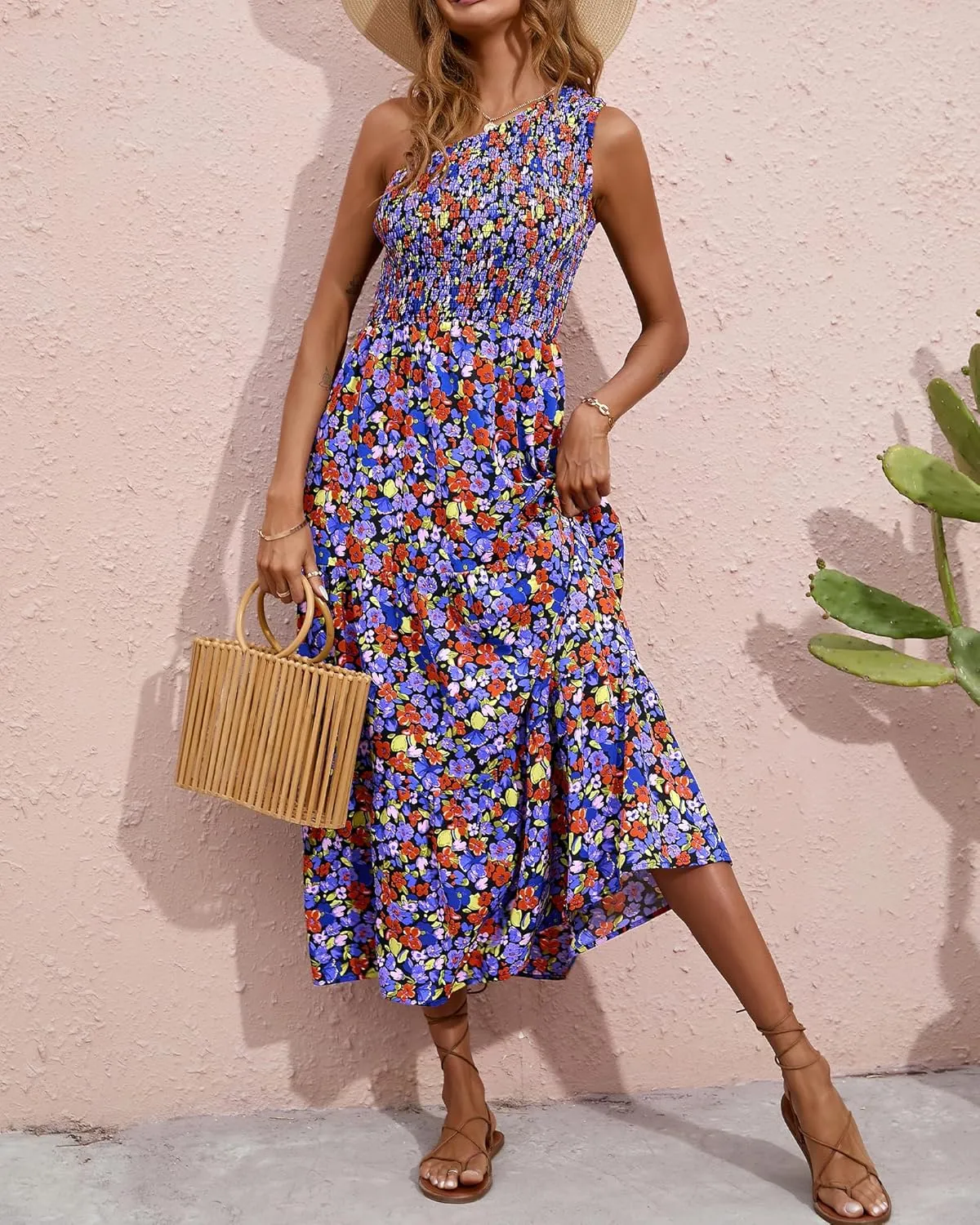 BTFBM 2025 Summer One Shoulder Dresses for Women Casual Sleeveless High Waist Floral Flowy Smocked Boho Beach Maxi Dress