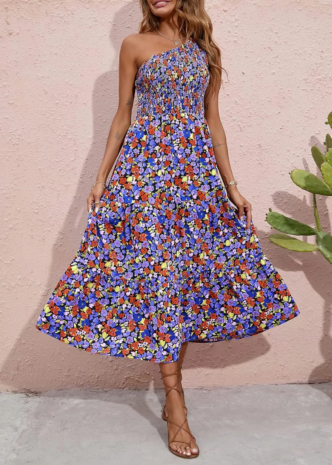 BTFBM 2025 Summer One Shoulder Dresses for Women Casual Sleeveless High Waist Floral Flowy Smocked Boho Beach Maxi Dress