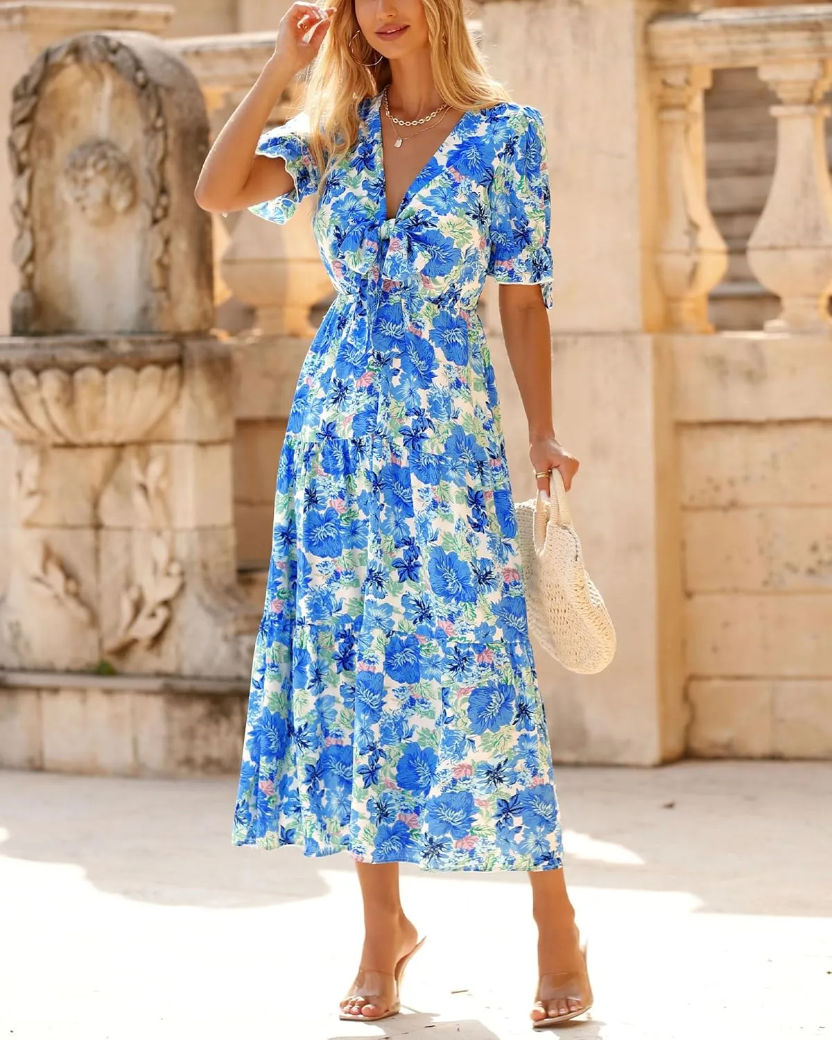 BTFBM 2025 Womens Summer Boho Dress Tie Front Deep V Neck Cutout Short Sleeve Casual Party Floral Beach Maxi Dresses