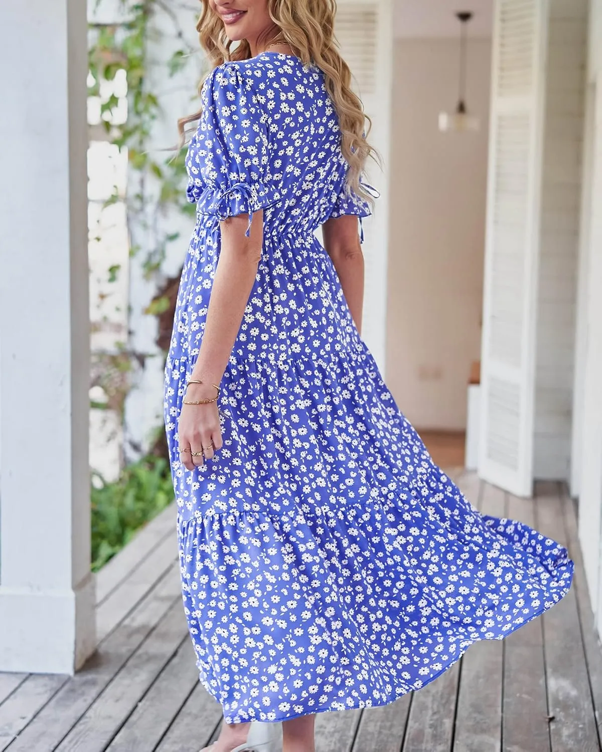 BTFBM 2025 Womens Summer Boho Dress Tie Front Deep V Neck Cutout Short Sleeve Casual Party Floral Beach Maxi Dresses