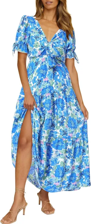BTFBM 2025 Womens Summer Boho Dress Tie Front Deep V Neck Cutout Short Sleeve Casual Party Floral Beach Maxi Dresses