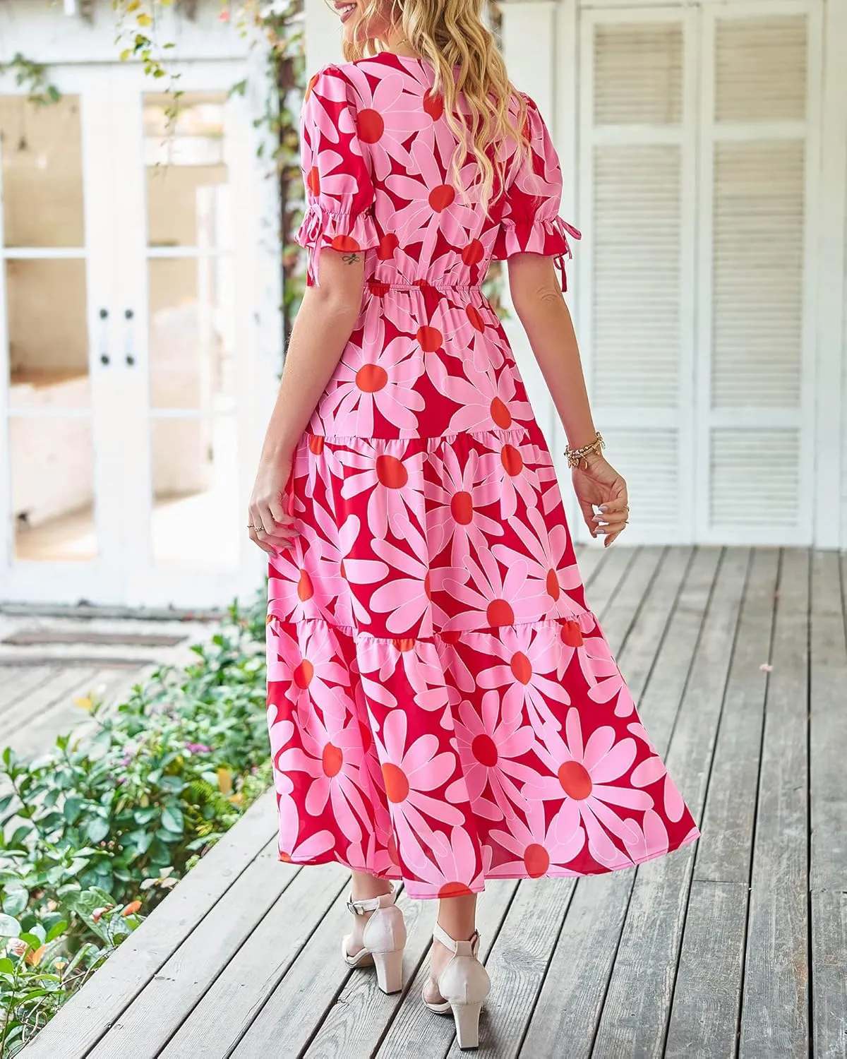 BTFBM 2025 Womens Summer Boho Dress Tie Front Deep V Neck Cutout Short Sleeve Casual Party Floral Beach Maxi Dresses