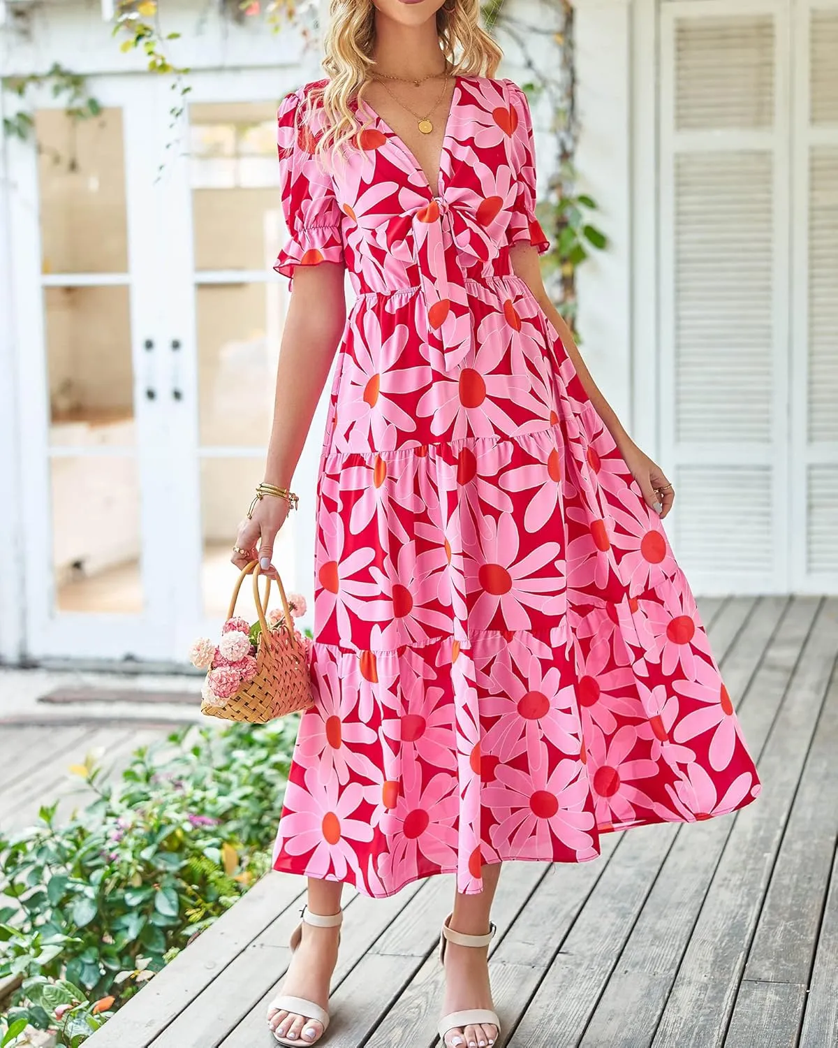 BTFBM 2025 Womens Summer Boho Dress Tie Front Deep V Neck Cutout Short Sleeve Casual Party Floral Beach Maxi Dresses