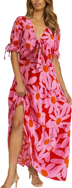 BTFBM 2025 Womens Summer Boho Dress Tie Front Deep V Neck Cutout Short Sleeve Casual Party Floral Beach Maxi Dresses