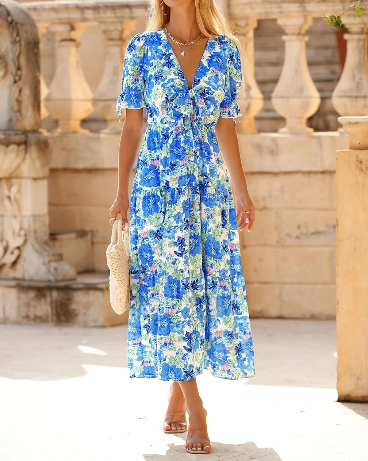 BTFBM 2025 Womens Summer Boho Dress Tie Front Deep V Neck Cutout Short Sleeve Casual Party Floral Beach Maxi Dresses