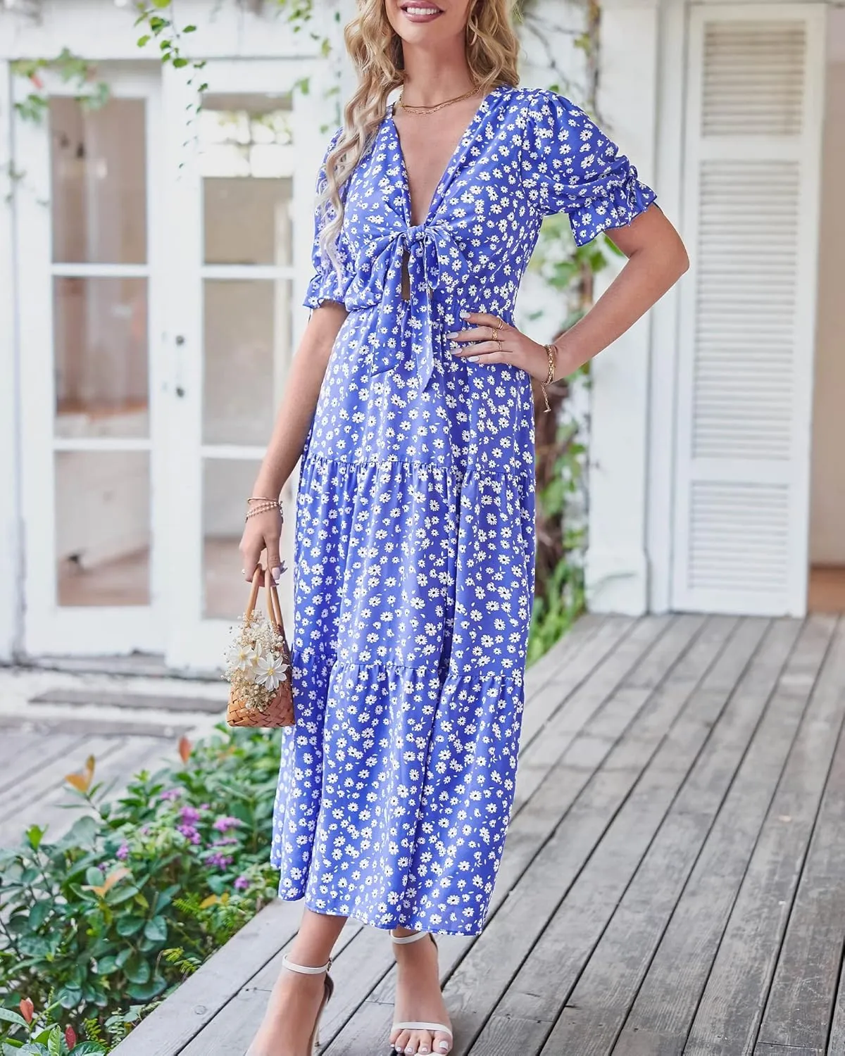 BTFBM 2025 Womens Summer Boho Dress Tie Front Deep V Neck Cutout Short Sleeve Casual Party Floral Beach Maxi Dresses