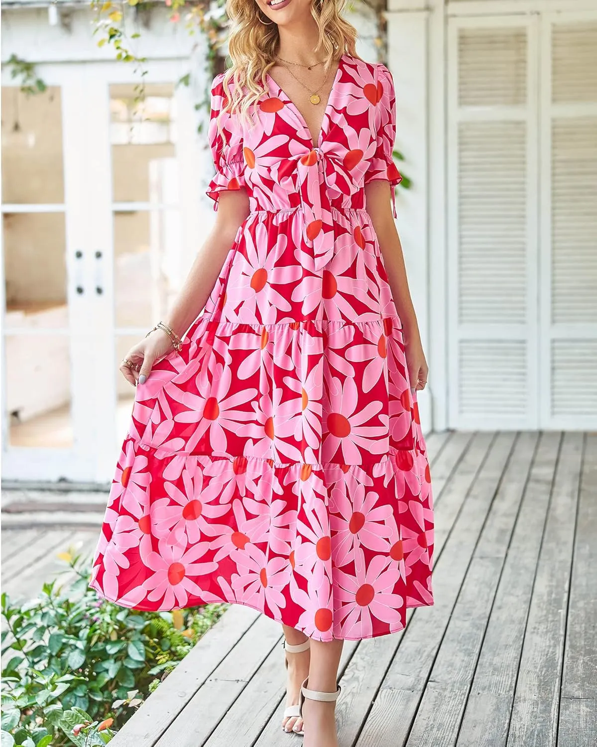 BTFBM 2025 Womens Summer Boho Dress Tie Front Deep V Neck Cutout Short Sleeve Casual Party Floral Beach Maxi Dresses