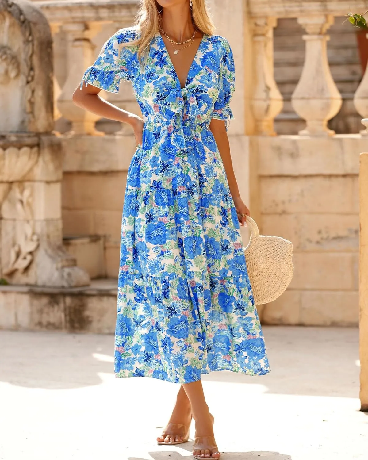 BTFBM 2025 Womens Summer Boho Dress Tie Front Deep V Neck Cutout Short Sleeve Casual Party Floral Beach Maxi Dresses