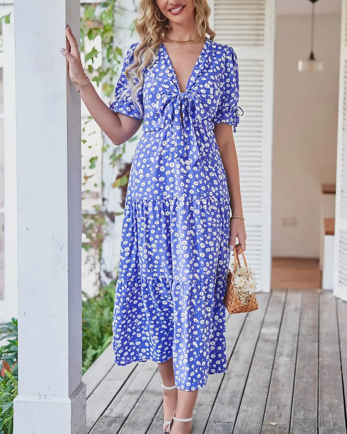 BTFBM 2025 Womens Summer Boho Dress Tie Front Deep V Neck Cutout Short Sleeve Casual Party Floral Beach Maxi Dresses