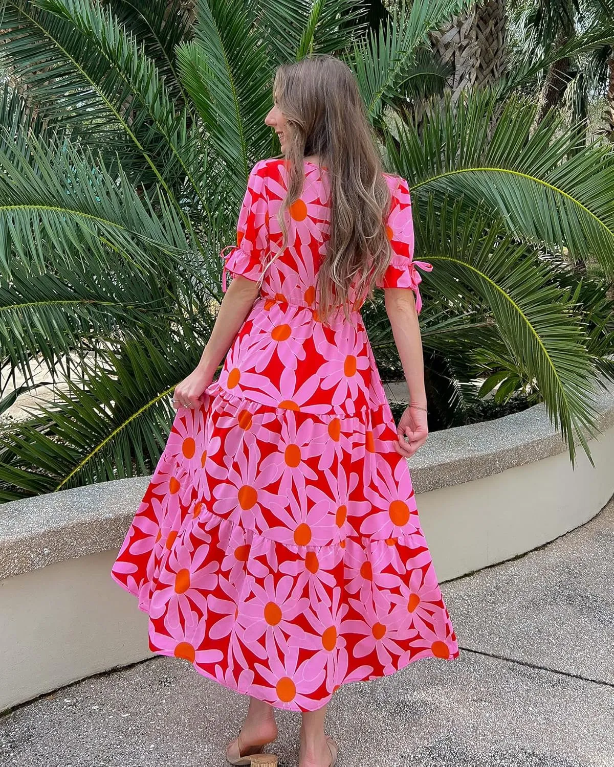 BTFBM 2025 Womens Summer Boho Dress Tie Front Deep V Neck Cutout Short Sleeve Casual Party Floral Beach Maxi Dresses