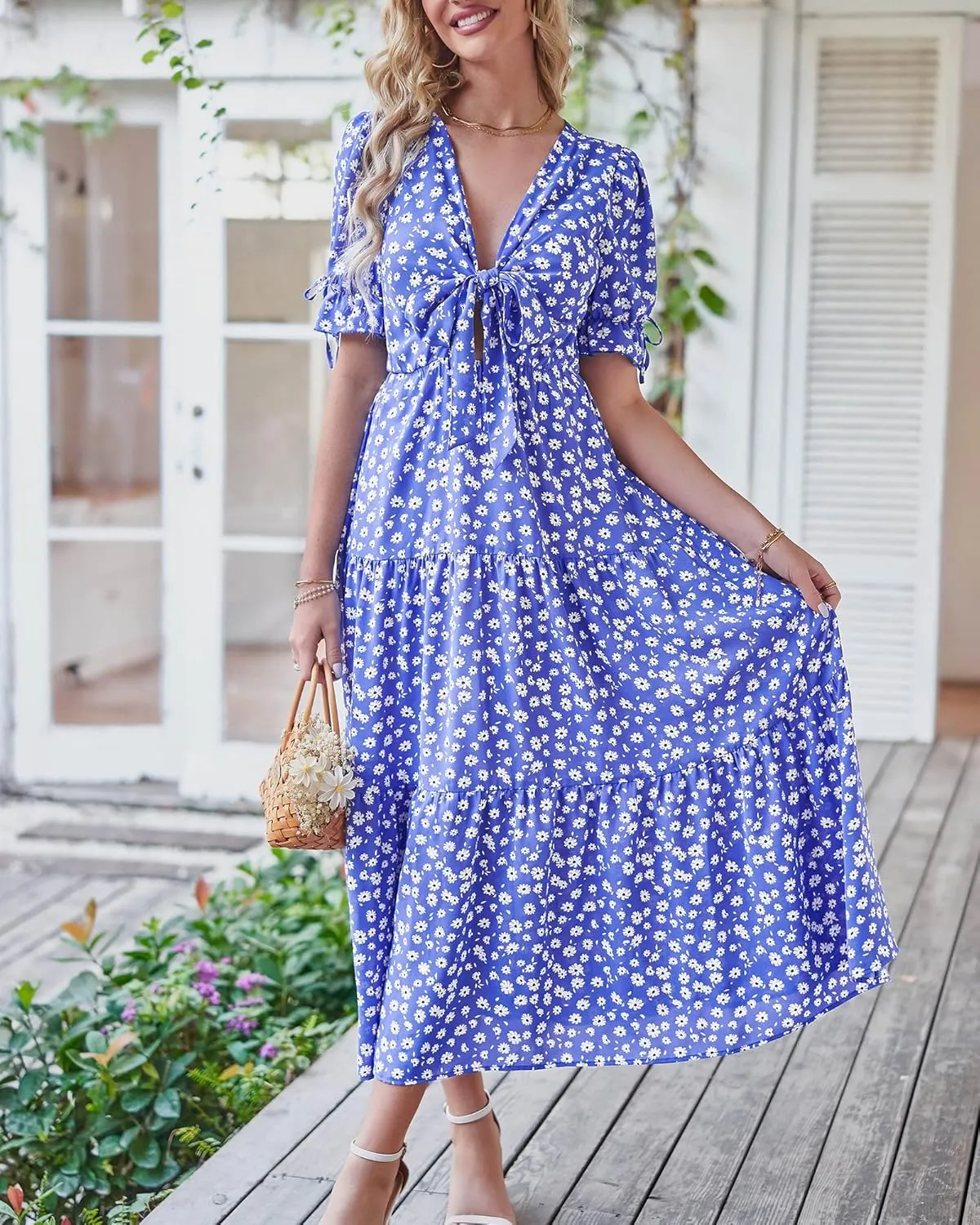 BTFBM 2025 Womens Summer Boho Dress Tie Front Deep V Neck Cutout Short Sleeve Casual Party Floral Beach Maxi Dresses
