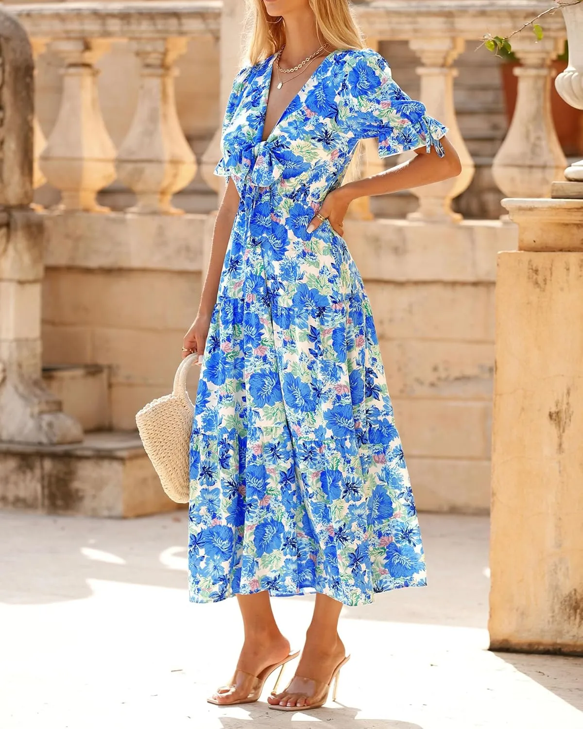 BTFBM 2025 Womens Summer Boho Dress Tie Front Deep V Neck Cutout Short Sleeve Casual Party Floral Beach Maxi Dresses