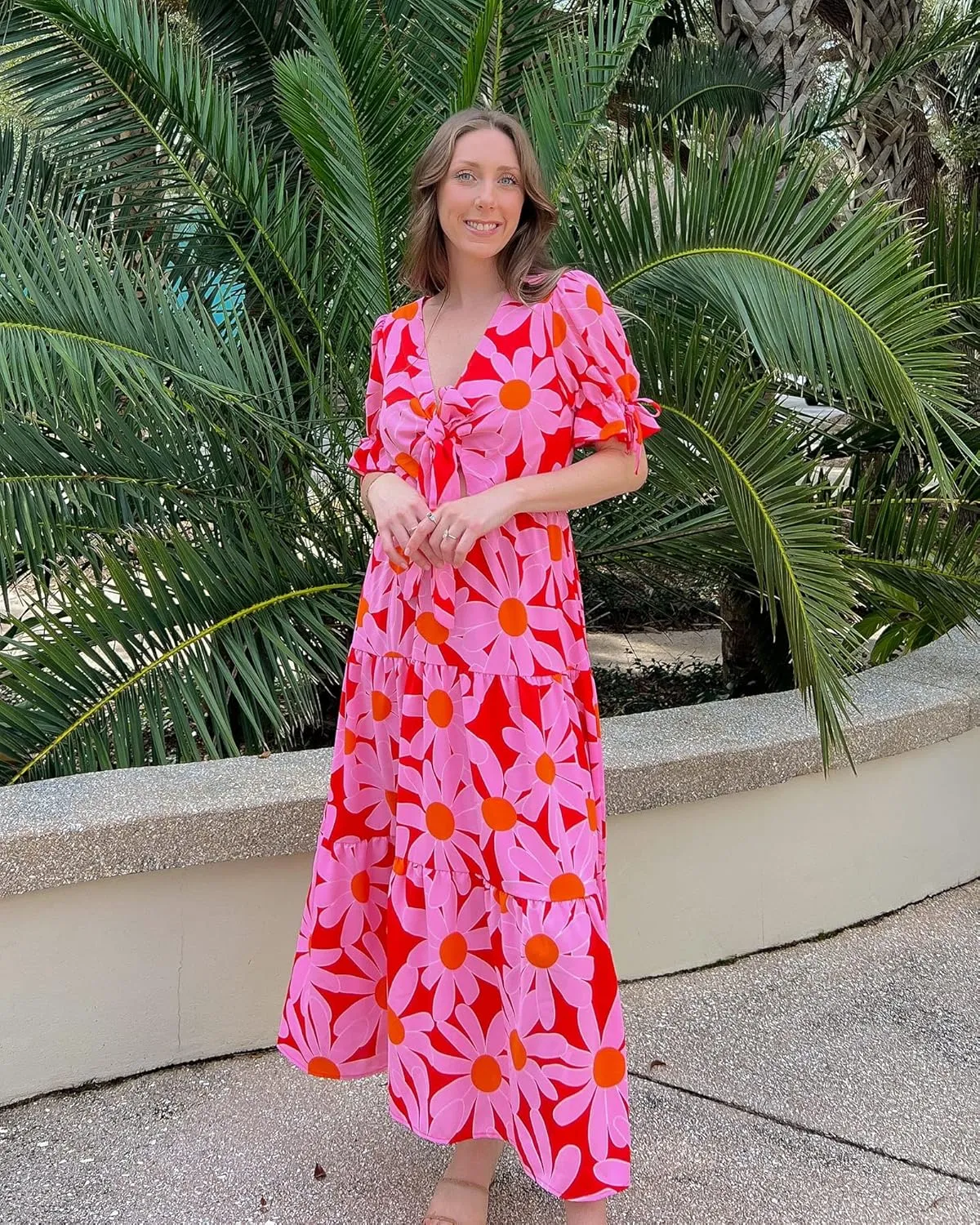 BTFBM 2025 Womens Summer Boho Dress Tie Front Deep V Neck Cutout Short Sleeve Casual Party Floral Beach Maxi Dresses