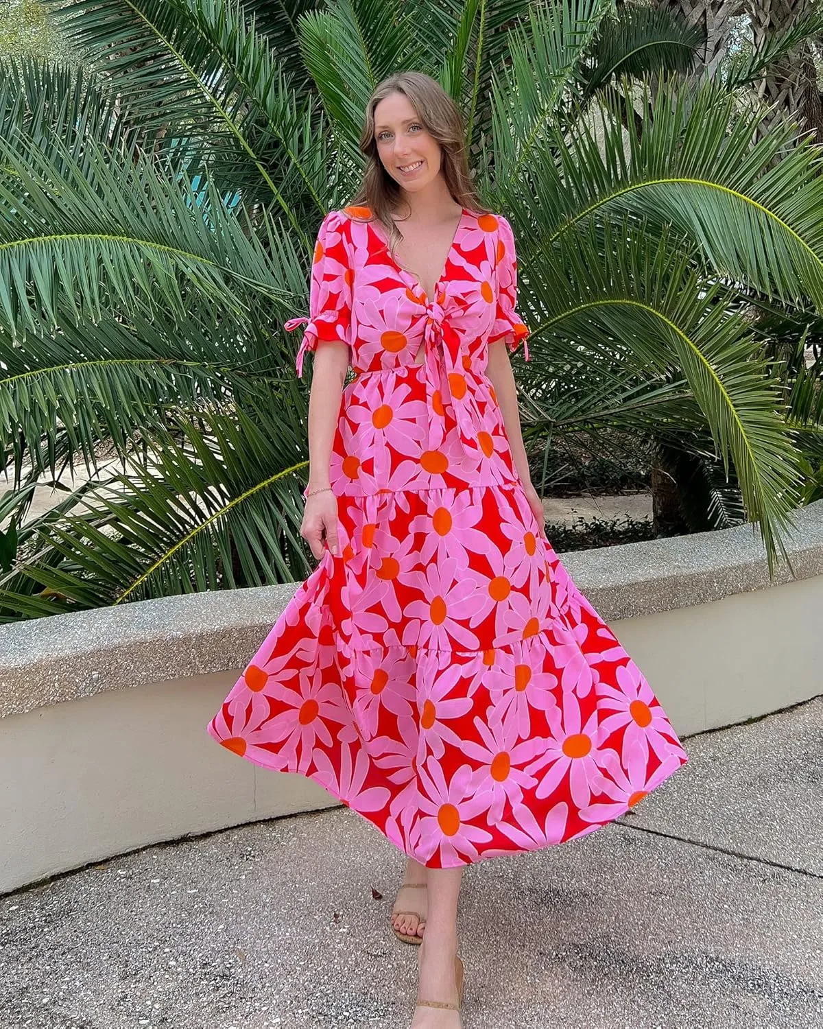 BTFBM 2025 Womens Summer Boho Dress Tie Front Deep V Neck Cutout Short Sleeve Casual Party Floral Beach Maxi Dresses