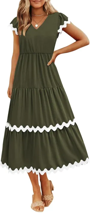BTFBM Spring Summer Dresses for Women 2025 Vacation V Neck Cap Sleeve RIC Rac Loose Flowy Beach Midi Dress with Pocket